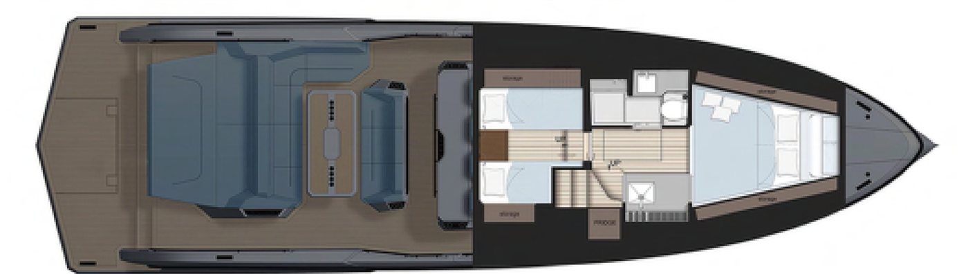 Pianta degli interni della Vanquish VQ55 con cabine e bagno